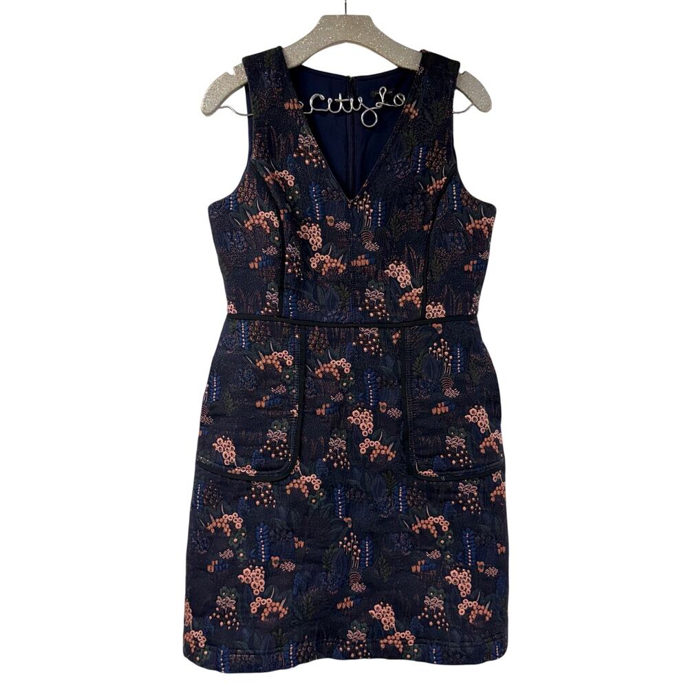 Ann Taylor Blue Floral Tapestry Sheath Dress V Neck Sleeveless Pockets 8